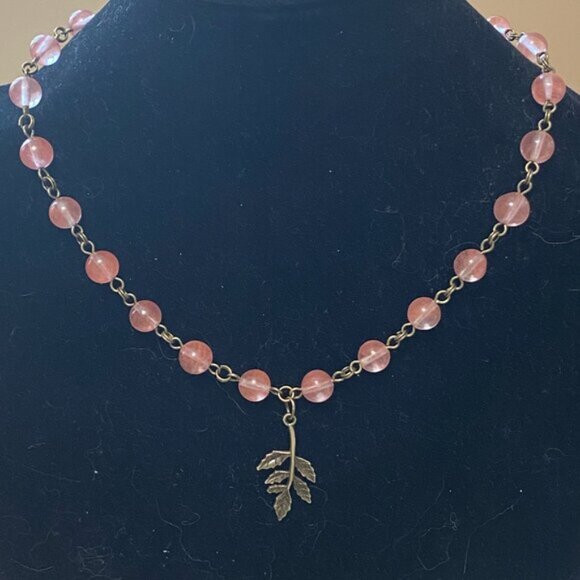 Cute Cherry Quartz Bronze Leaf Branch Pendant Adjustable Choker - Picture 3 of 16